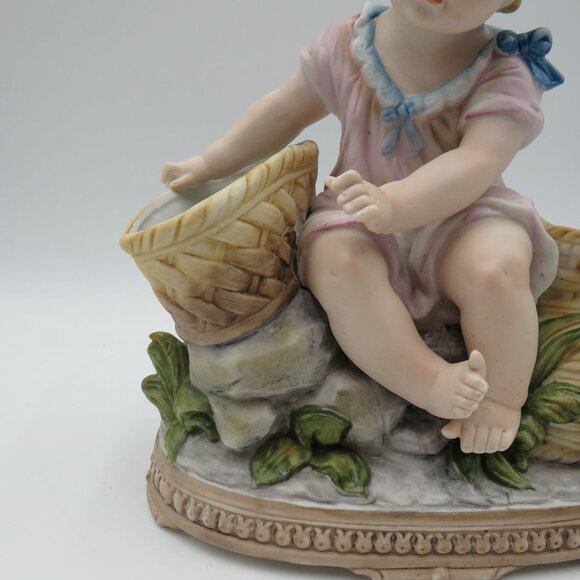 Vintage Porcelain Figurine Piano Baby Girl Baskets Planter 9" x 10" x 5" - Picture 4 of 16